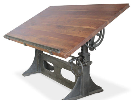 Industrial Adjustable Height Drafting Desk - Tilting Top - Cast Iron Base - Rustic Deco