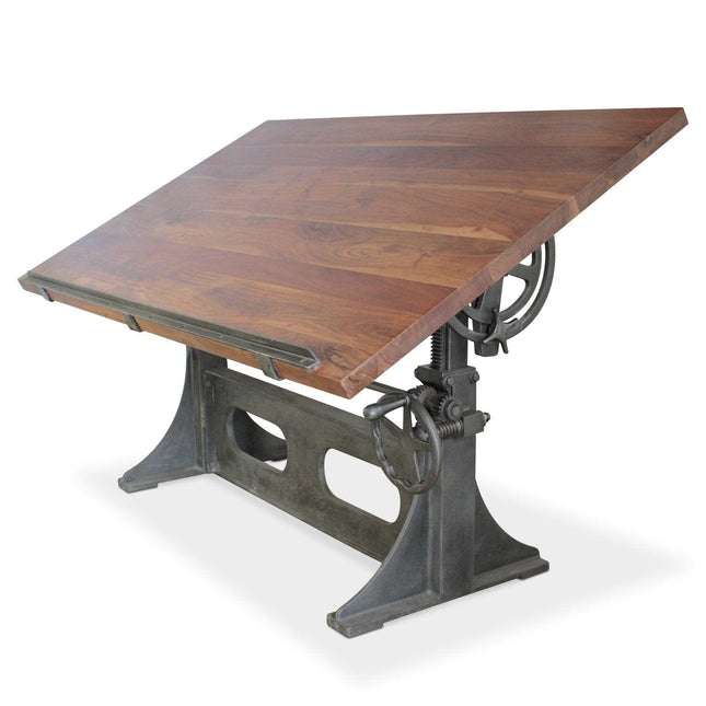 Industrial Adjustable Height Drafting Desk - Tilting Top - Cast Iron Base - Rustic Deco
