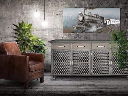 Industrial Bar Cart Console Mobile Storage Cabinet - Casters - Metal Frame - Rustic Deco