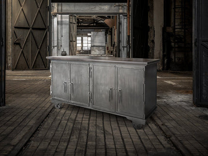 Industrial Bar Cart - Metal Console Cabinet - Solid Wood Top - Iron Casters - Rustic Deco
