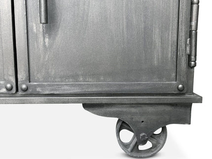 Industrial Bar Cart - Metal Console Cabinet - Solid Wood Top - Iron Casters - Rustic Deco