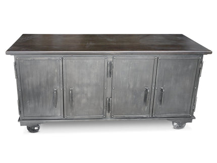 Industrial Bar Cart - Metal Console Cabinet - Solid Wood Top - Iron Casters - Rustic Deco