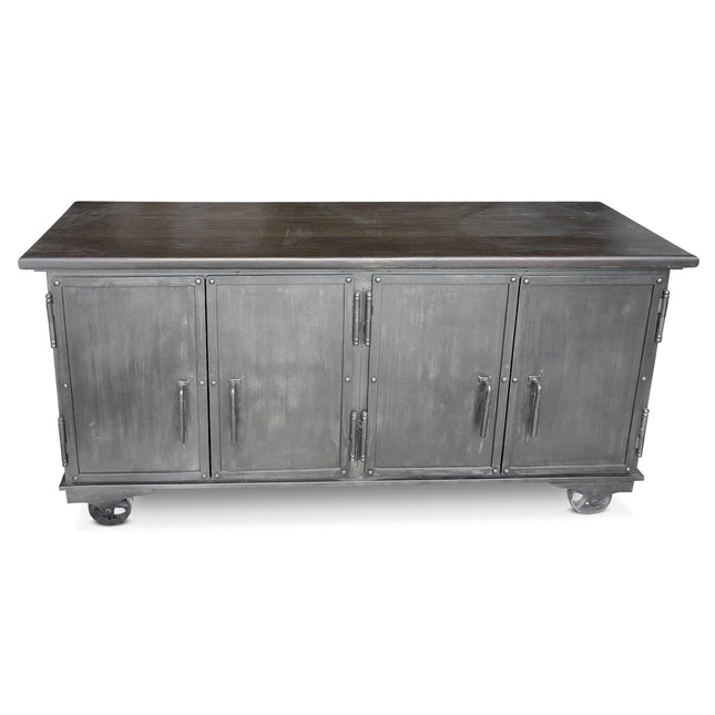 Industrial Bar Cart - Metal Console Cabinet - Solid Wood Top - Iron Casters - Rustic Deco