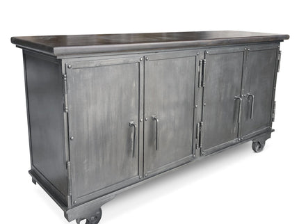 Industrial Bar Cart - Metal Console Cabinet - Solid Wood Top - Iron Casters - Rustic Deco