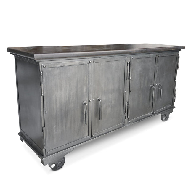 Industrial Bar Cart - Metal Console Cabinet - Solid Wood Top - Iron Casters - Rustic Deco