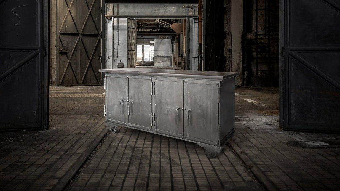 Industrial Bar Cart - Metal Console Cabinet - Solid Wood Top - Iron Casters - Rustic Deco
