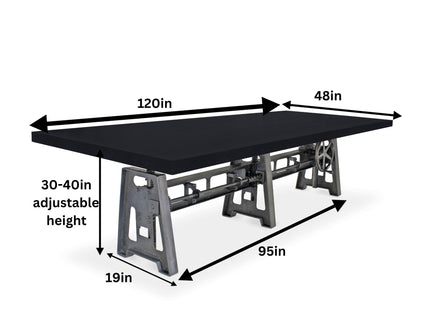 Industrial Communal Table - Cast Iron Base - Adjustable Height - Ebony Top - Rustic Deco