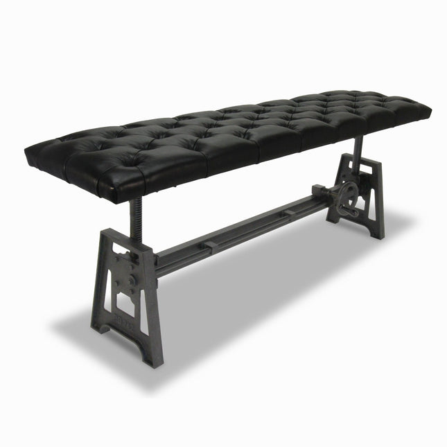 Industrial Dining Bench Seat - Cast Iron Base - Adjustable Black Leather Top - Rustic Deco