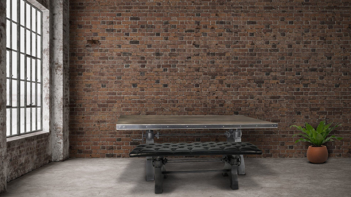 Industrial Dining Bench Seat - Cast Iron Base - Adjustable Black Leather Top - Rustic Deco