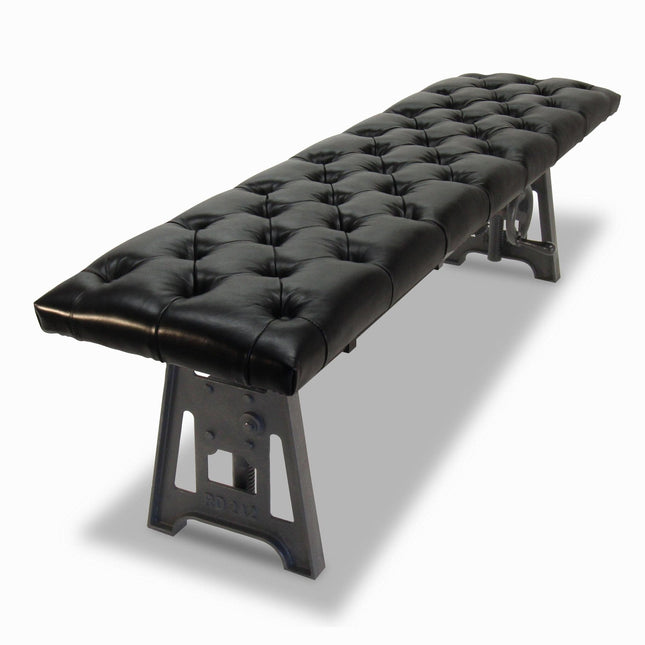 Industrial Dining Bench Seat - Cast Iron Base - Adjustable Black Leather Top - Rustic Deco