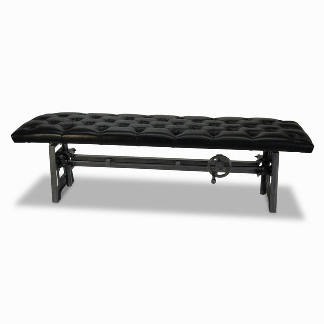 Industrial Dining Bench Seat - Cast Iron Base - Adjustable Black Leather Top - Rustic Deco