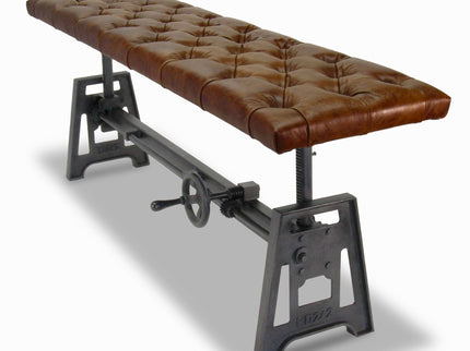 Industrial Dining Bench Seat - Cast Iron Base - Adjustable Brown Leather Top - Rustic Deco