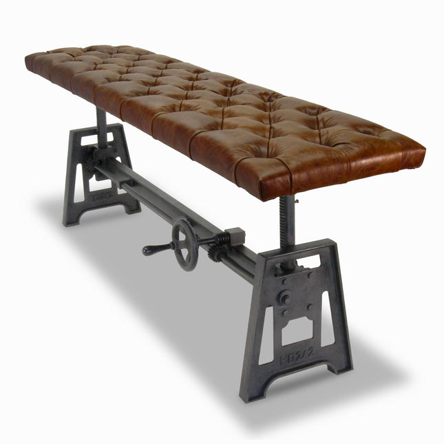 Industrial Dining Bench Seat - Cast Iron Base - Adjustable Brown Leather Top - Rustic Deco