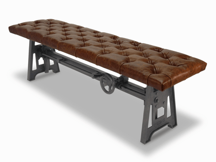 Industrial Dining Bench Seat - Cast Iron Base - Adjustable Brown Leather Top - Rustic Deco
