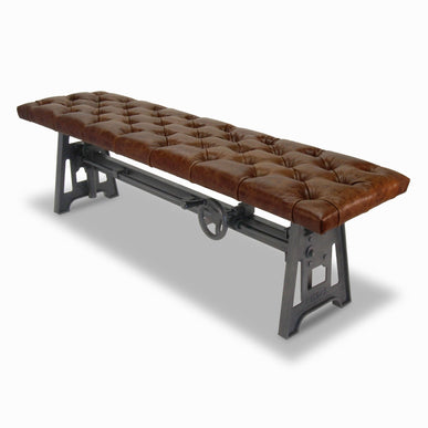 Industrial Dining Bench Seat - Cast Iron Base - Adjustable Brown Leather Top - Rustic Deco