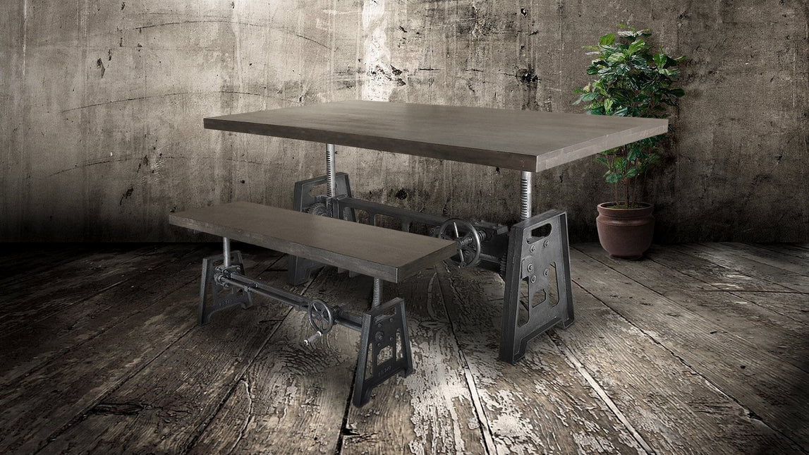 Industrial Dining Bench Seat - Cast Iron Base - Adjustable Height – Gray Top - Rustic Deco