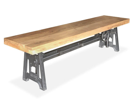 Industrial Dining Bench Seat - Cast Iron Base - Adjustable Height – Natural Top - Rustic Deco