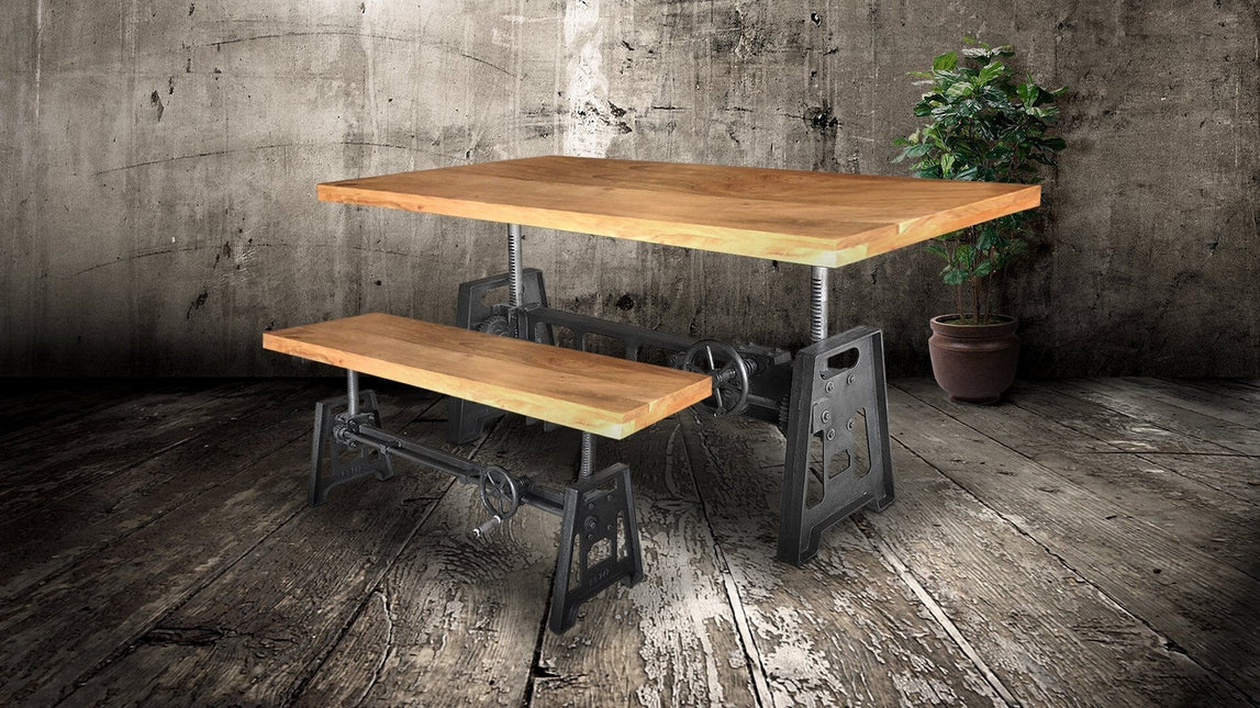 Industrial Dining Bench Seat - Cast Iron Base - Adjustable Height – Natural Top - Rustic Deco