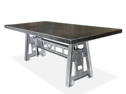 Industrial Dining Table - Cast Iron Base - Adjustable Height Crank - Gray Top - Rustic Deco