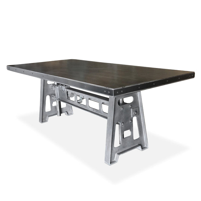 Industrial Dining Table - Cast Iron Base - Adjustable Height Crank - Gray Top - Rustic Deco