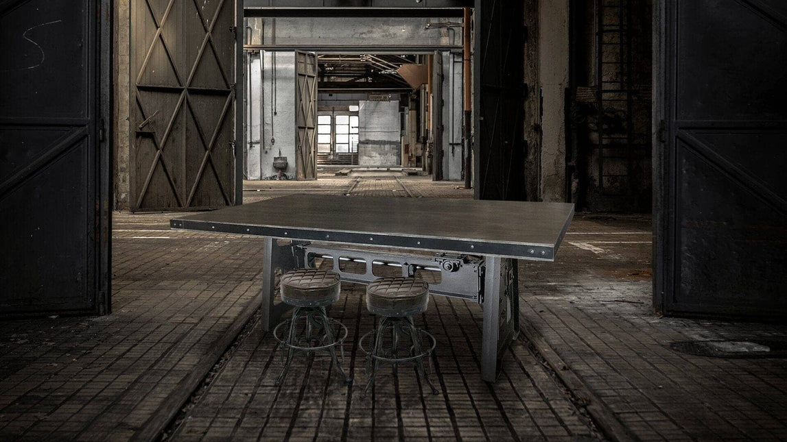 Industrial Dining Table - Cast Iron Base - Adjustable Height Crank - Gray Top - Rustic Deco