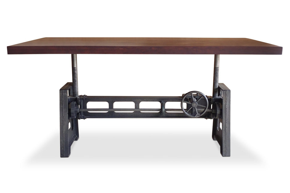 Industrial Dining Table - Cast Iron Base - Adjustable Height Crank - Mahogany - Rustic Deco