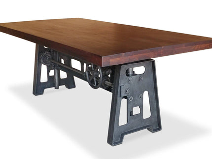 Industrial Dining Table - Cast Iron Base - Adjustable Height Crank - Mahogany - Rustic Deco