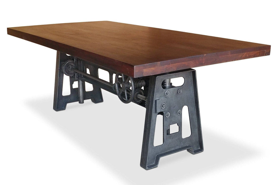 Industrial Dining Table - Cast Iron Base - Adjustable Height Crank - Mahogany - Rustic Deco