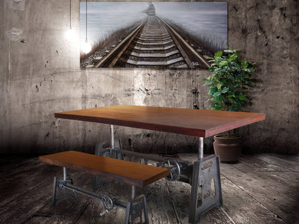 Industrial Dining Table - Cast Iron Base - Adjustable Height Crank - Mahogany - Rustic Deco