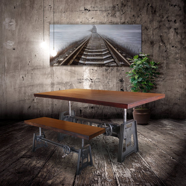 Industrial Dining Table - Cast Iron Base - Adjustable Height Crank - Mahogany - Rustic Deco