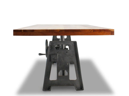 Industrial Dining Table - Cast Iron Base - Adjustable Height Crank - Natural Top - Rustic Deco