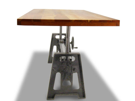 Industrial Dining Table - Cast Iron Base - Adjustable Height Crank - Natural Top - Rustic Deco