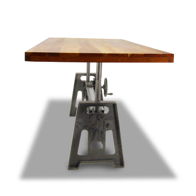 Industrial Dining Table - Cast Iron Base - Adjustable Height Crank - Natural Top - Rustic Deco