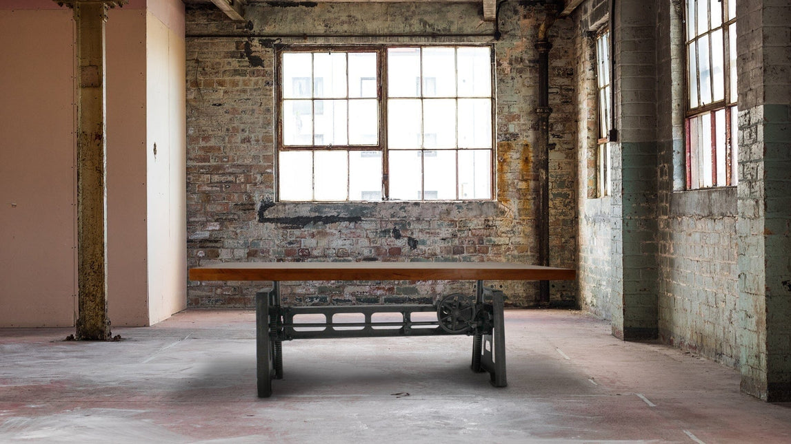 Industrial Dining Table - Cast Iron Base - Adjustable Height Crank - Natural Top - Rustic Deco