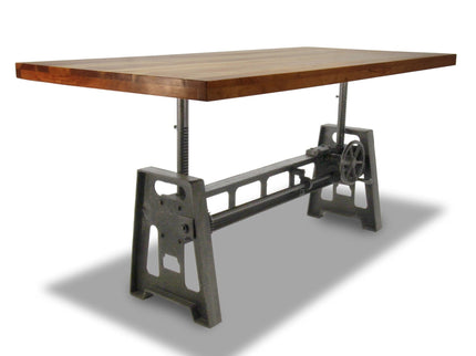 Industrial Dining Table - Cast Iron Base - Adjustable Height Crank - Natural Top - Rustic Deco