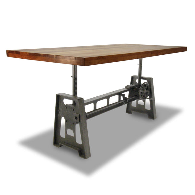 Industrial Dining Table - Cast Iron Base - Adjustable Height Crank - Natural Top - Rustic Deco