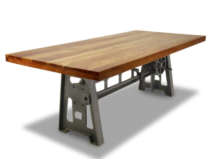 Industrial Dining Table - Cast Iron Base - Adjustable Height Crank - Natural Top - Rustic Deco