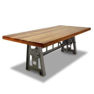 Industrial Dining Table - Cast Iron Base - Adjustable Height Crank - Natural Top - Rustic Deco