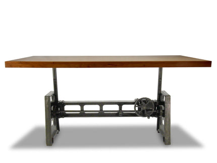 Industrial Dining Table - Cast Iron Base - Adjustable Height Crank - Natural Top - Rustic Deco