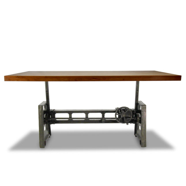 Industrial Dining Table - Cast Iron Base - Adjustable Height Crank - Natural Top - Rustic Deco