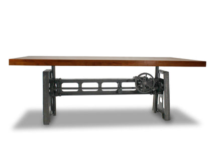 Industrial Dining Table - Cast Iron Base - Adjustable Height Crank - Natural Top - Rustic Deco