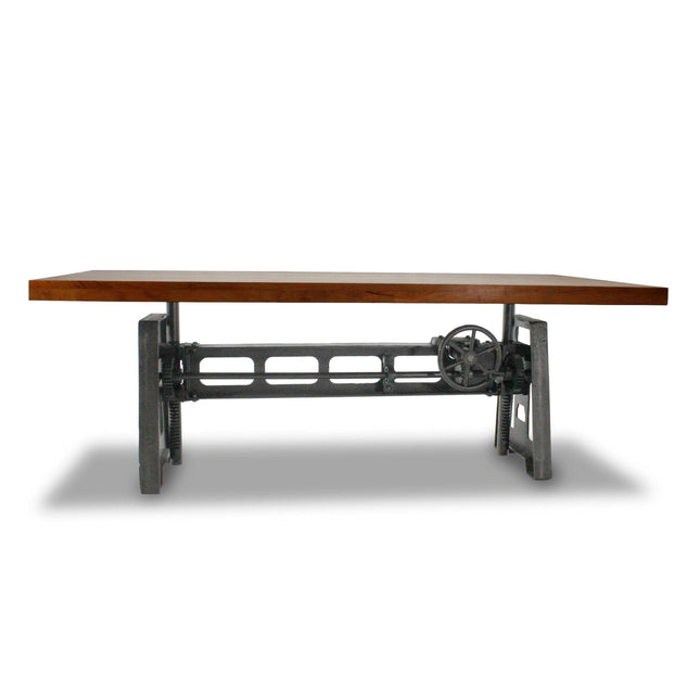 Industrial Dining Table - Cast Iron Base - Adjustable Height Crank - Natural Top - Rustic Deco