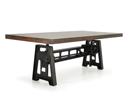 Industrial Dining Table - Cast Iron Base - Adjustable Height Crank - Walnut - Rustic Deco