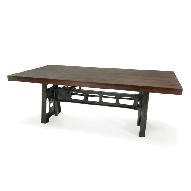 Industrial Dining Table - Cast Iron Base - Adjustable Height Crank - Walnut - Rustic Deco