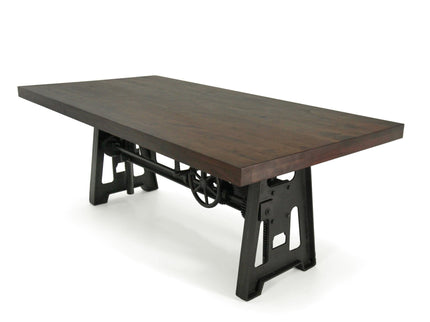 Industrial Dining Table - Cast Iron Base - Adjustable Height Crank - Walnut - Rustic Deco