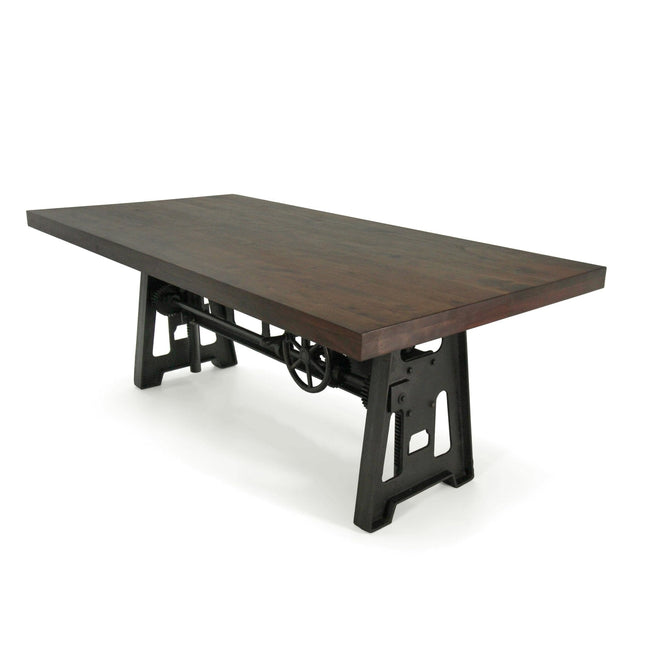 Industrial Dining Table - Cast Iron Base - Adjustable Height Crank - Walnut - Rustic Deco