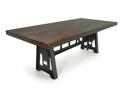 Industrial Dining Table - Cast Iron Base - Adjustable Height Crank - Walnut - Rustic Deco