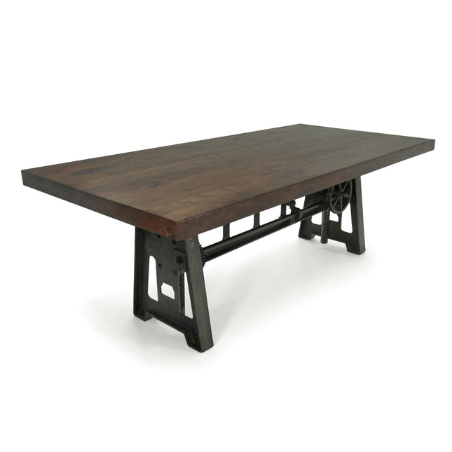 Industrial Dining Table - Cast Iron Base - Adjustable Height Crank - Walnut - Rustic Deco