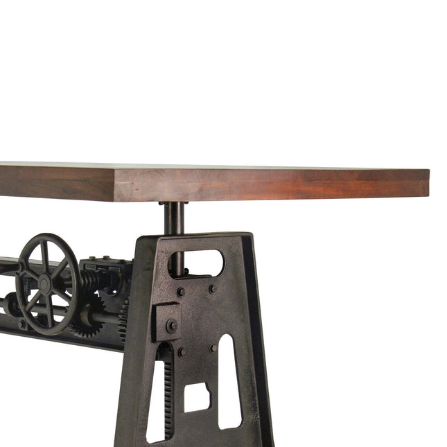 Industrial Dining Table - Cast Iron Base - Adjustable Height Crank - Walnut - Rustic Deco