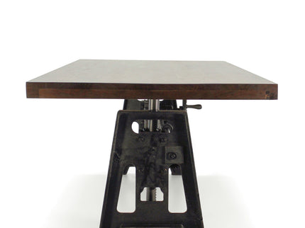 Industrial Dining Table - Cast Iron Base - Adjustable Height Crank - Walnut - Rustic Deco